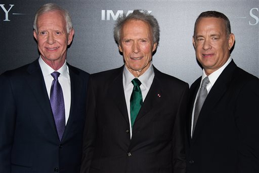Chesley "Sully" Sullenberger, left, Clint Eastwood and Tom Hanks attend the premiere of "Sully" at Alice Tully Hall on Tuesday, Sept. 6, 2016, in New York. (Photo by Charles Sykes/Invision/AP)